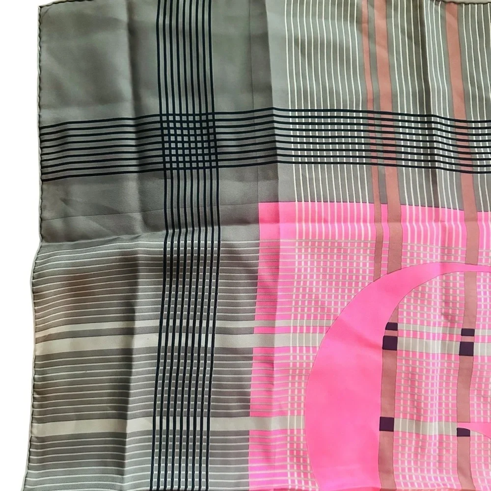 Christian Dior Classic Pink Gray CD Logo Plaid Vintage 30” Silk Square Scarf